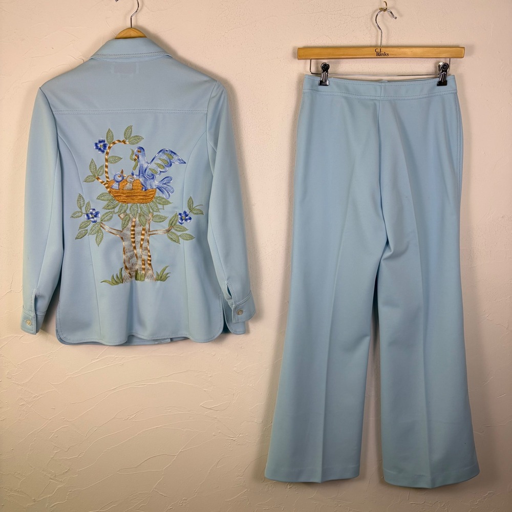 Vintage 70s Pant Suit Women 8 (estimated) Embroidered Wide Leg Bird Grannycore